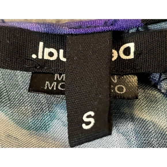 Disigual Floral Pleated Blouse S Blue Purple Long Sleeve Smocked Pullover Boho - Picture 11 of 12